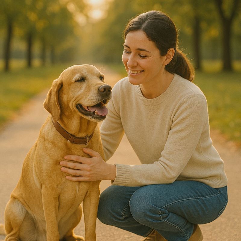 Cuidadora acariciando a su perro en un paseo al aire libre, mostrando cercanía y confianza.