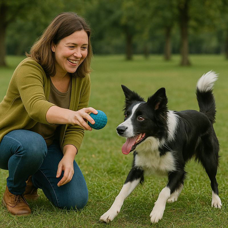 Cuidadora jugando con un perro Border Collie en un parque, mostrando cercanía y bienestar.