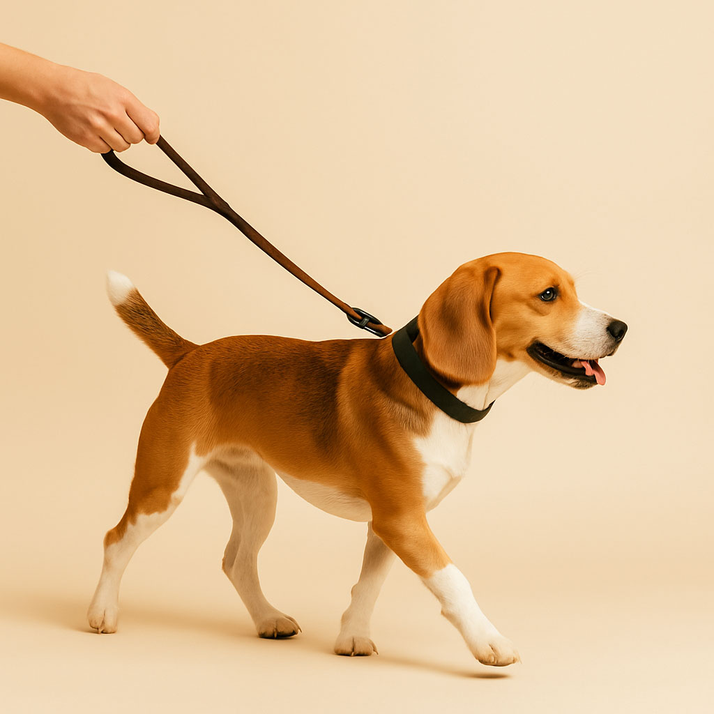 Perro paseando de forma individual con correa, acompañado por su cuidador, en un entorno tranquilo.