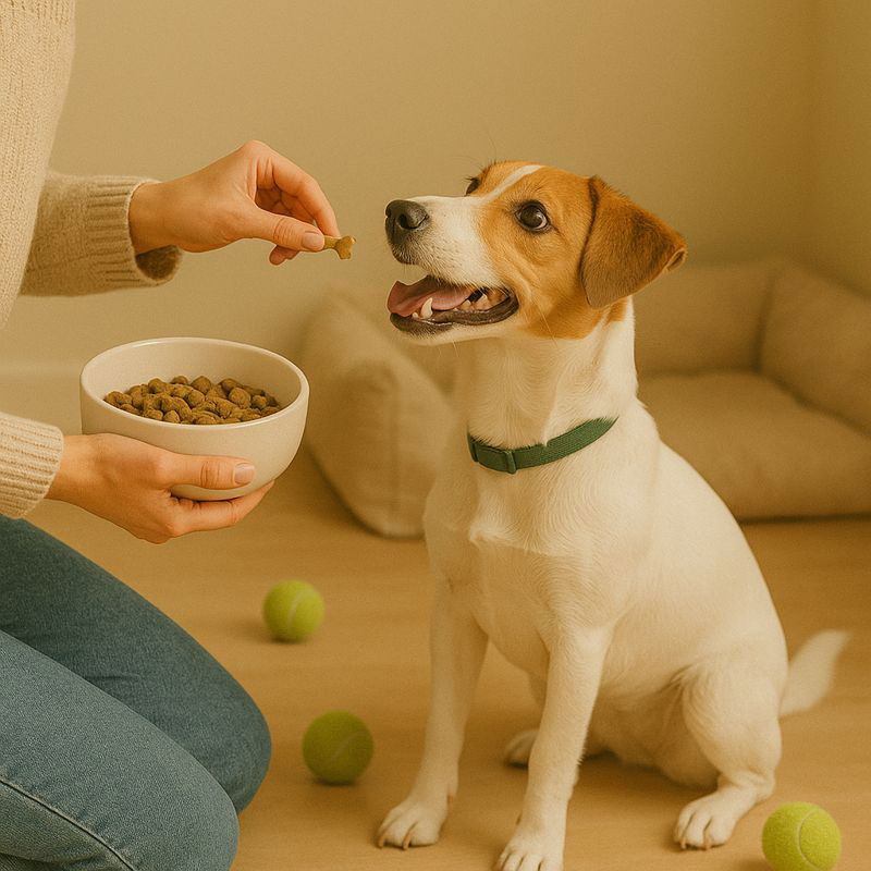 Cuidador dando comida y atención a un perro en su domicilio, en un entorno tranquilo y familiar.